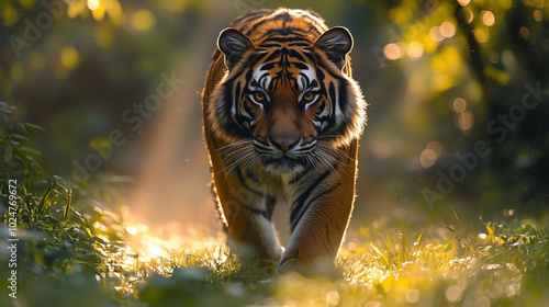 A majestic tiger walking confidently through the dense, green jungle, with sunlight breaking through the trees.