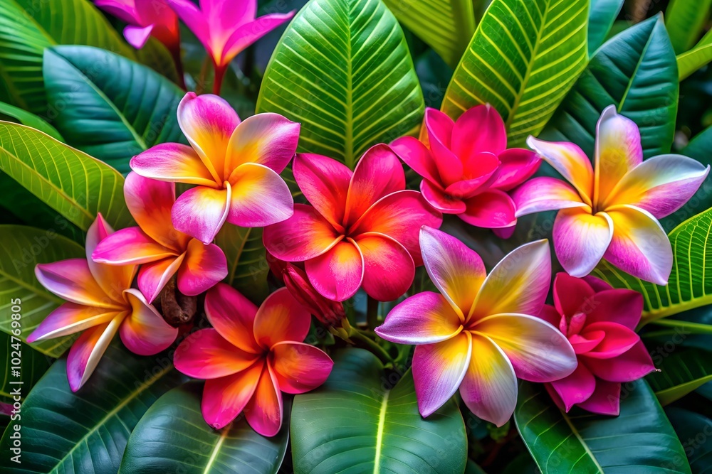 Vibrant Pink and Yellow Flowers Surrounded by Lush Blue Tropical Leaves Vibrant Pink and Yellow Flowers Surrounded by Lush Blue Tropical Leaves
