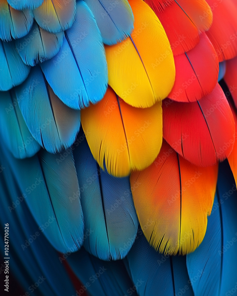Obraz premium A close-up shot of vibrant parrot feathers, showcasing the brilliant mix of colors and textures.