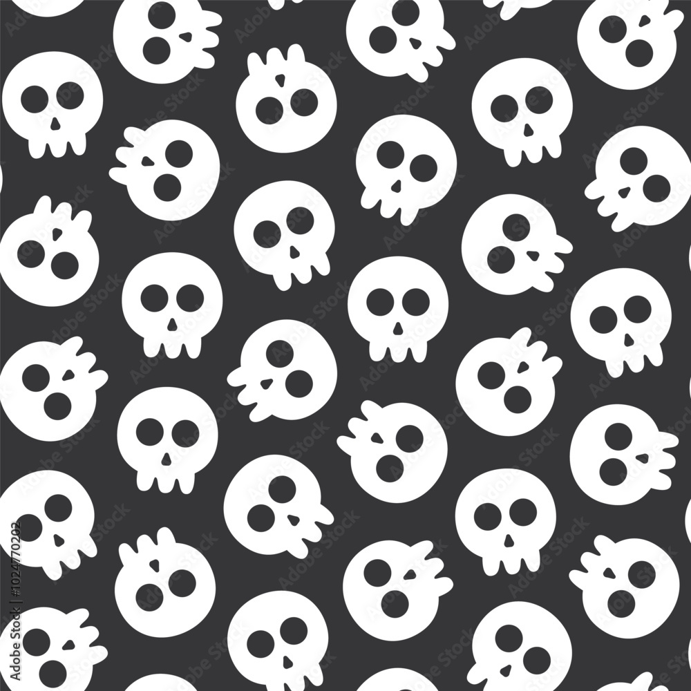 Seamless pattern of cartoon white skull head on a black background, suitable for designing textiles, clothes, fabric, fashion, wrapping paper and others Seamless pattern of cartoon white skull head on a black background, suitable for designing textiles, clothes, fabric, fashion, wrapping paper and others