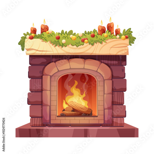 Christmas fireplace on white background. Brick fireplace with fire, Christmas garland and candles. Vector illustration of cozy winter