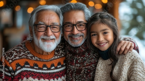 A family member wearing a Christmas sweater, smiling and posing for a picture, isolated on white background. 