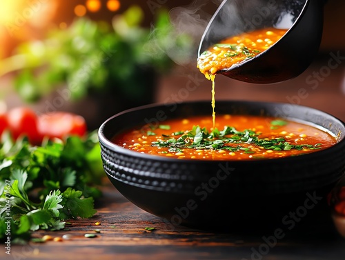 Colorful gujarati dal dhokli with diamondshaped wheat dumplings in a sweet and spicy lentil soup photo