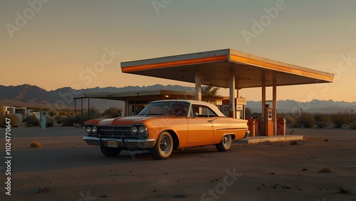 Vintage Car at an Abandoned Gas Station in the Desert at Golden Hour