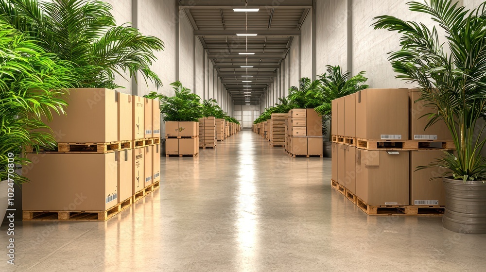 A spacious warehouse with cardboard boxes and lush greenery on the sides, creating a unique juxtaposition of nature and industry. A spacious warehouse with cardboard boxes and lush greenery on the sides, creating a unique juxtaposition of nature and industry.