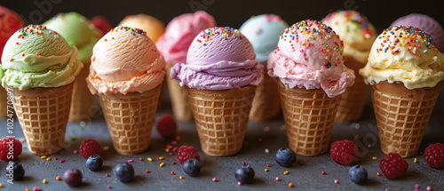 A vibrant, colorful display of multiple ice cream cones with different flavors, topped with sprinkles and fruits, in a fun summer setting. photo