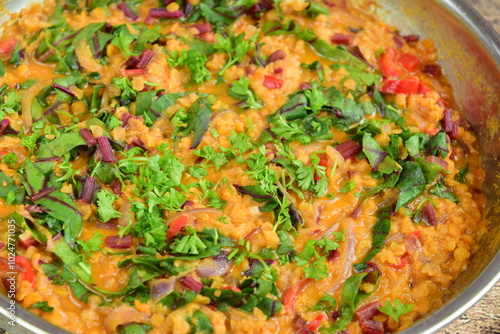 Homemade Lentil Stew / Soup with Chard in Pot Pan