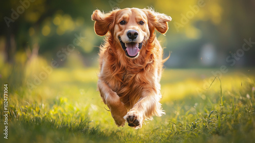 A joyful golden retriever running through a lush green field on a sunny day, full of energy and happiness. photo