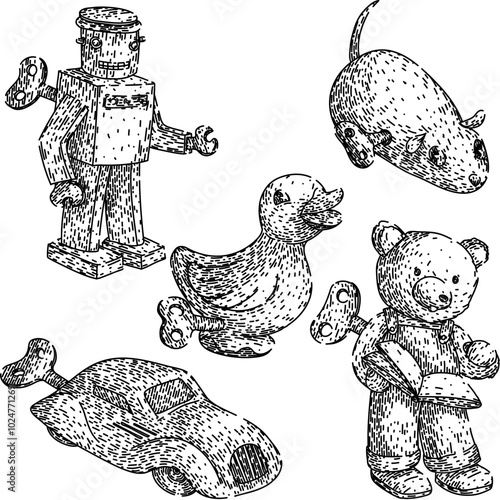wind up toy set hand drawn. mechanical clockwork, retro classic, antique novelty wind up toy vector sketch. isolated black illustration