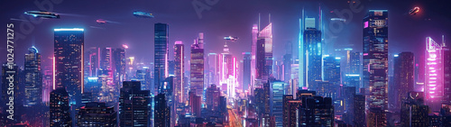 A futuristic city at night illuminated by vibrant neon lights, with towering skyscrapers and flying vehicles zooming by.