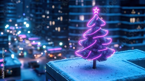 Colorful neon Christmas tree on a snowy rooftop against a city night backdrop. photo