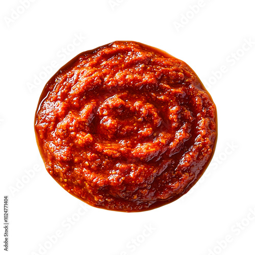Traditional croatian ajvar, a red pepper and eggplant spread, presented in a white bowl on a transparent background, highlighting its rich texture and vibrant color