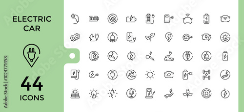 Electric car line icons set. electric vehicle charging station, EV plug, bus, motorcycle, energy recovery, smart e car, Minimal outline icon collection, Editable stroke, pixel perfect.