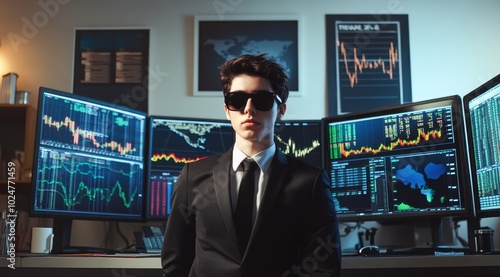 Confident business professional in suit standing in front of multiple screens with financial data and stock market charts.