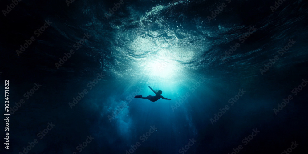 Fototapeta premium A swimmer gliding through tranquil deep blue water beneath shimmering sunlight