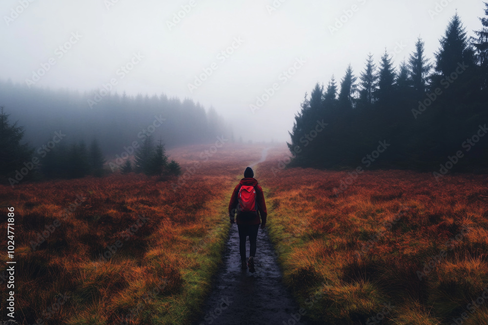Hiker walking along a misty trail surrounded by tall trees and golden foliage in autumn Hiker walking along a misty trail surrounded by tall trees and golden foliage in autumn