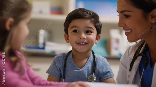 Documentary-Style Photography of Parents Bringing Children to Doctor’s Office, Capturing Candid Moments at Reception and Consultation with Doctor in a Realistic, Softly Lit Atmosphere.