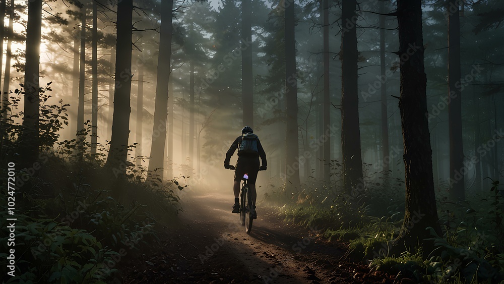 Obraz premium Cyclist Silhouette Riding Through a Foggy Forest: Morning Mist and Light Rays