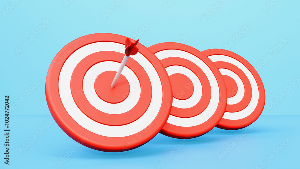 Red round shaped targets with arrow representing concept of setting goals correctly on blue background. Business concept. Red round shaped targets with arrow representing concept of setting goals correctly on blue background. Business concept.