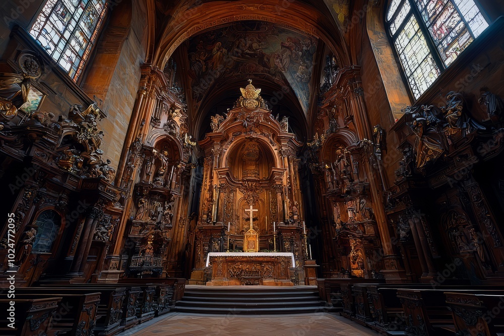 Obraz premium Ornate wooden altar in a dark church.