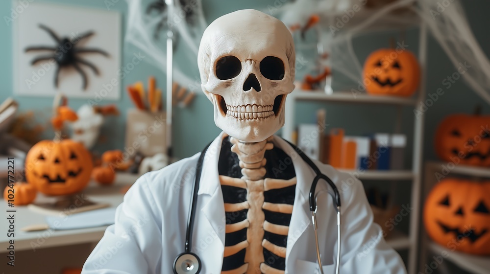 A doctor is a skeleton reviewing patient charts in a hospital office subtly decorated with Halloween pumpkins and spider webs. A doctor is a skeleton reviewing patient charts in a hospital office subtly decorated with Halloween pumpkins and spider webs.