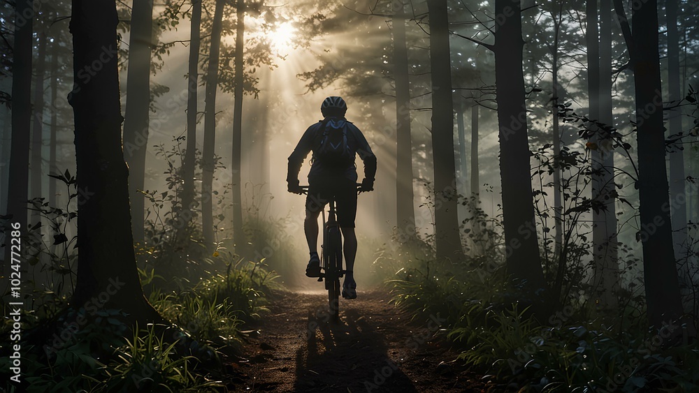 Obraz premium Cyclist Silhouette Riding Through a Foggy Forest: Morning Mist and Light Rays