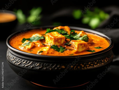 Creamy and rich shahi paneer with golden cheese cubes in a pale, cashewbased gravy photo