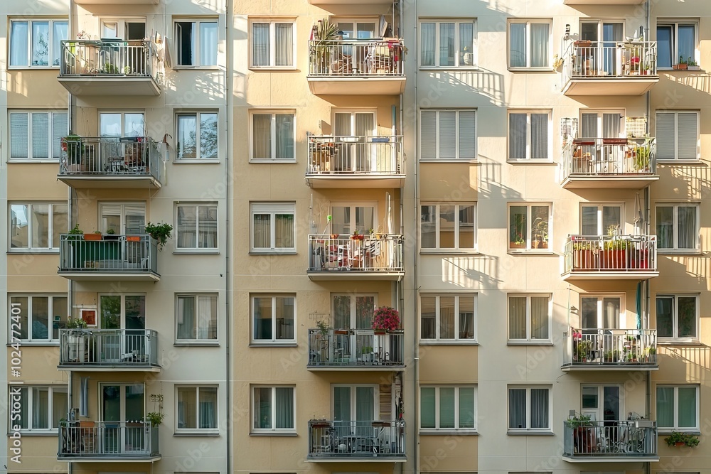 A modern apartment building with balconies. A modern apartment building with balconies.