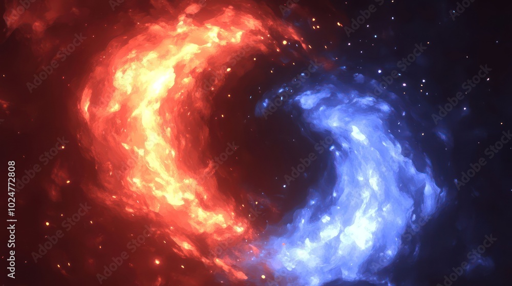 A cosmic scene depicting swirling red and blue clouds, suggesting a celestial phenomenon. A cosmic scene depicting swirling red and blue clouds, suggesting a celestial phenomenon.