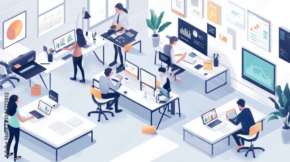 High-tech graphic design studio with designers working on business branding projects, creativity meets technology., clean lines, simple shapes,