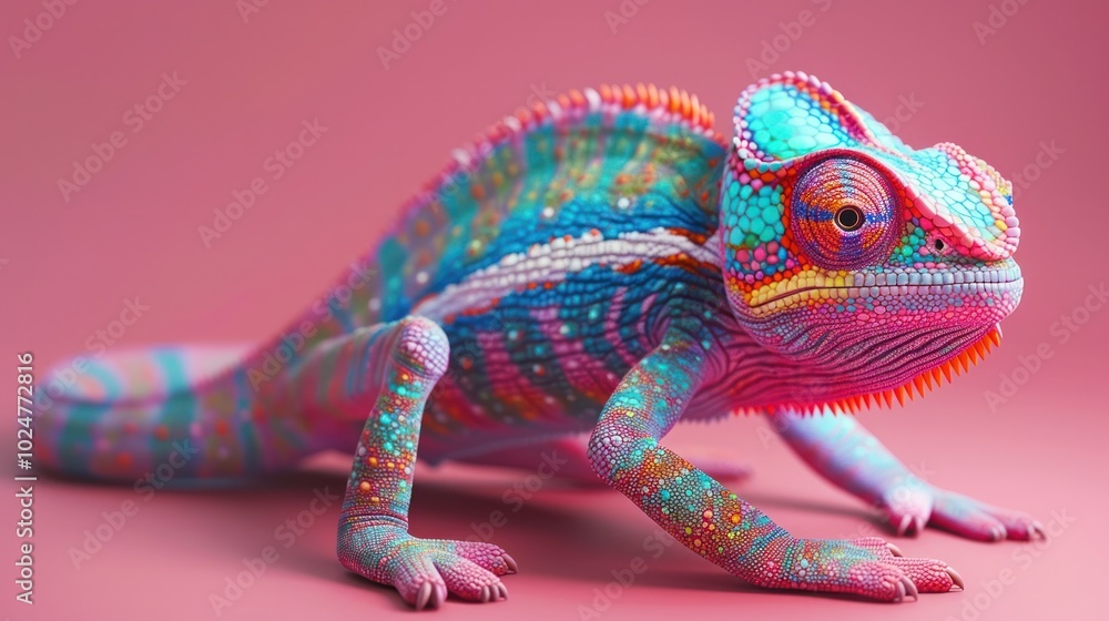 Obraz premium Captivating image of a chameleon showcasing its vibrant colorful skin and intricate texture The reptile s distinctive features such as its eye and tongue are captured in stunning detail