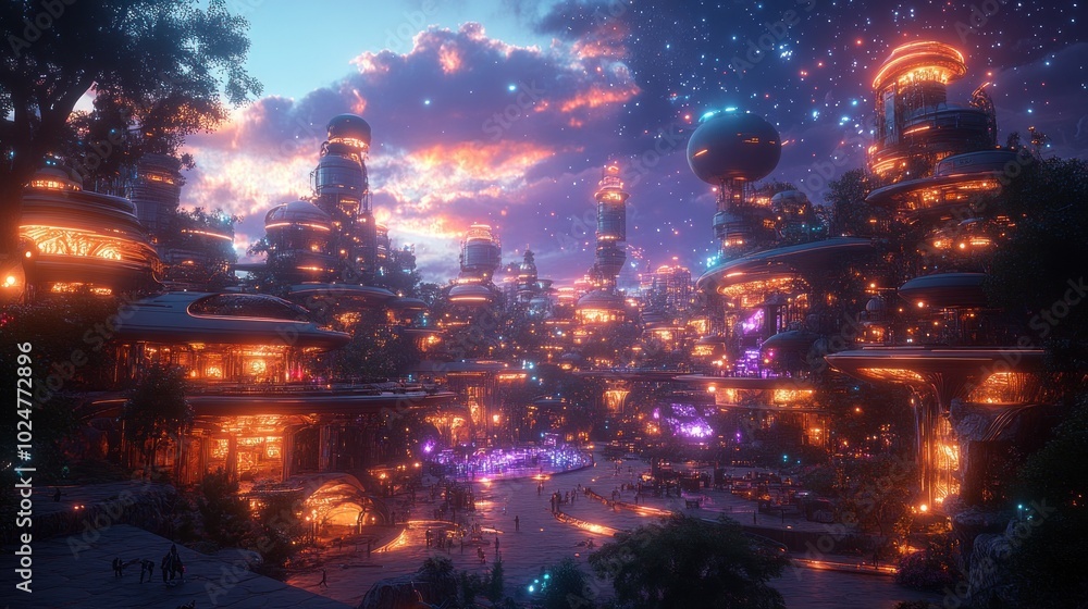 A vibrant futuristic cityscape illuminated by colorful lights. A vibrant futuristic cityscape illuminated by colorful lights.
