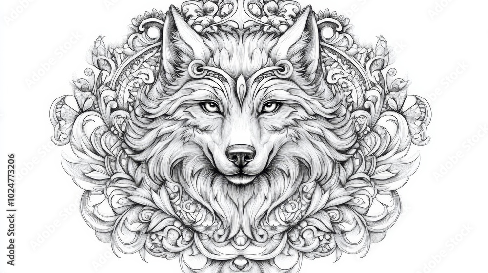 Fototapeta premium Majestic Wolf Head with Floral Ornament. Detailed Illustration for Tattoo, Prints, Design. Vector