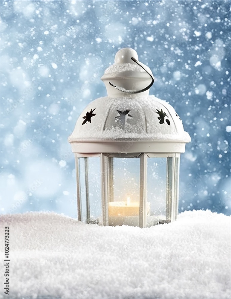 Christmas Lantern on Snow Falling Background. Created with Generative AI technology Christmas Lantern on Snow Falling Background. Created with Generative AI technology