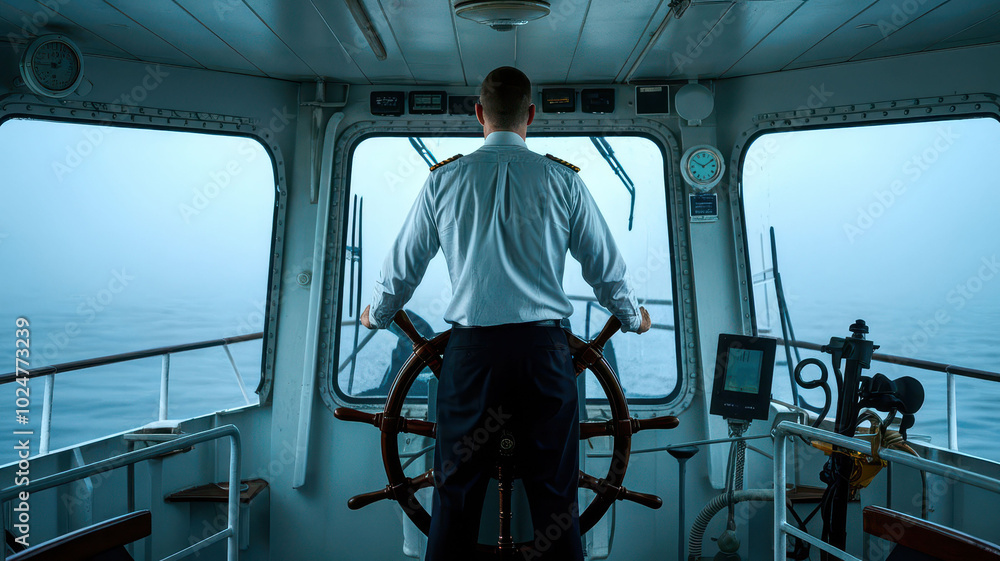A captain at the helm of a ship navigating through foggy waters on a calm day. A captain at the helm of a ship navigating through foggy waters on a calm day.