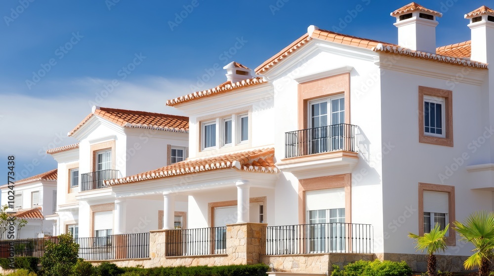 This stunning villa in the Algarve showcases a sparkling pool, lush landscaping, and elegant architecture, all set against a picturesque sky and palm trees This stunning villa in the Algarve showcases a sparkling pool, lush landscaping, and elegant architecture, all set against a picturesque sky and palm trees