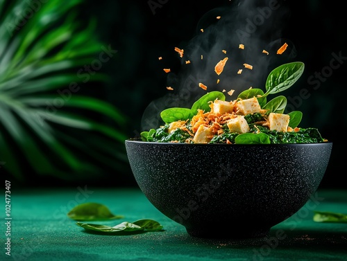 Creamy palak paneer with emerald green spinach sauce and cubes of goldenfried cottage cheese photo