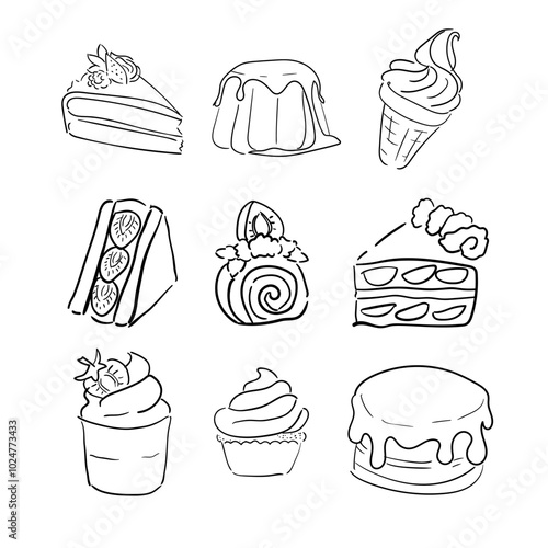 Vector set of line dessert icons. Editable Stroke. Includes popular sweet dishes pie, cake, cookies and ice cream. pancakes, milkshake, pudding and yogurt, biscuit, honey, jam, pudding.