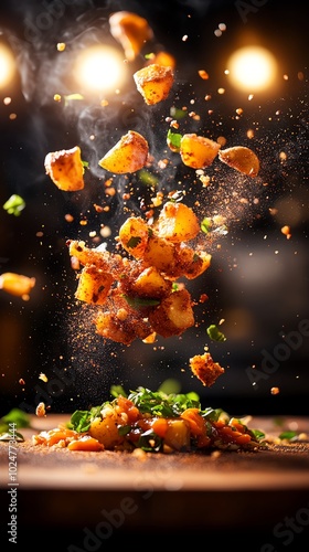 Crispy aloo chaat with crispfried potato cubes tossed in tangy chaat masala and chutneys