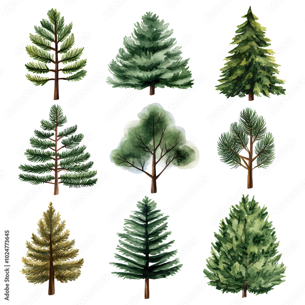 A collection of nine different trees illustrated in shades of green, showcasing various shapes and styles in a vibrant, organic design. A collection of nine different trees illustrated in shades of green, showcasing various shapes and styles in a vibrant, organic design.