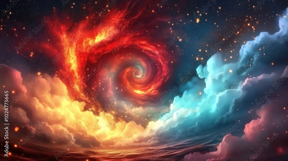 A vibrant cosmic swirl of fiery reds and cool blues, depicting a stunning celestial scene. A vibrant cosmic swirl of fiery reds and cool blues, depicting a stunning celestial scene.