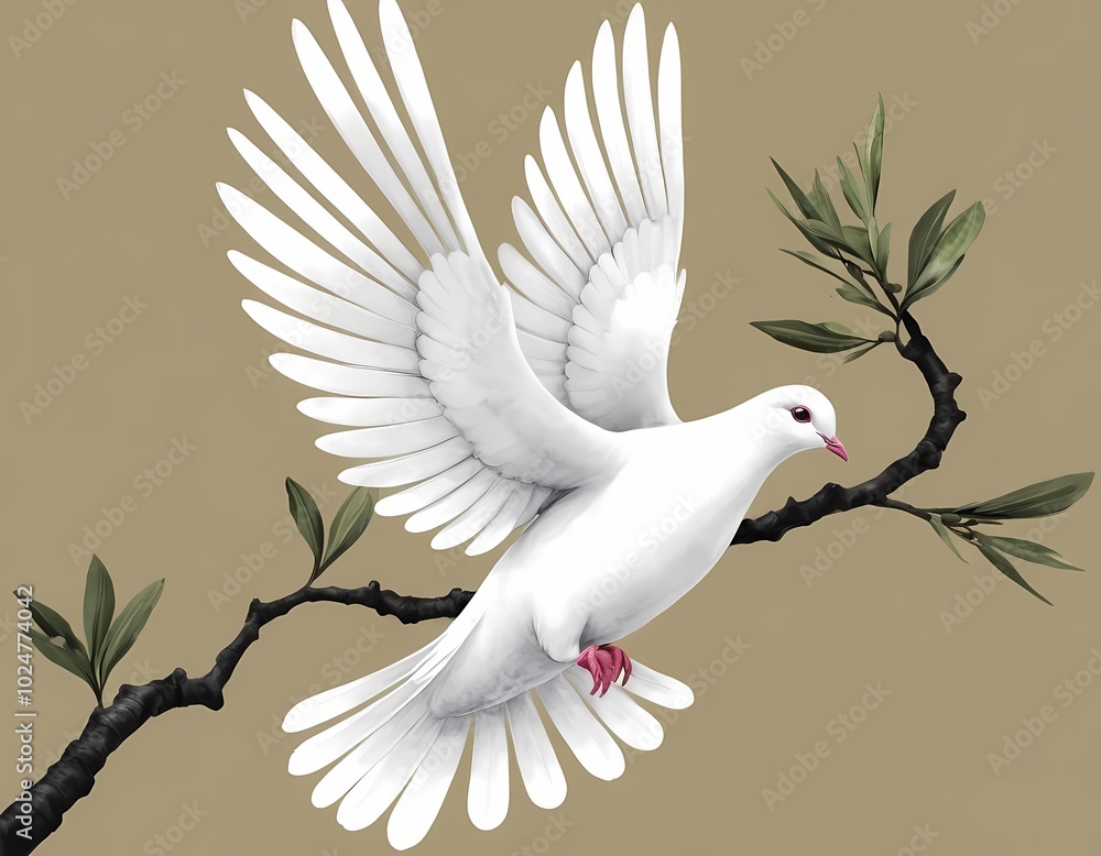 A graceful white dove in flight amid olive branches, biblical story, Christianity, dove of peace A graceful white dove in flight amid olive branches, biblical story, Christianity, dove of peace