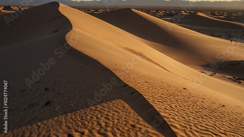 Golden Sunset over Desert Sand Dunes with Soft Shadows – Serene Landscape photo