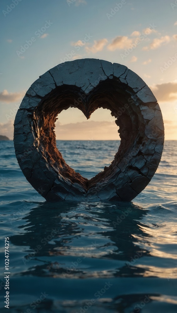 Fototapeta premium Heart-shaped object floating in ocean at sunset with warm, glowing sky