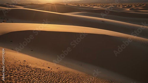 Golden Sunset over Desert Sand Dunes with Soft Shadows – Serene Landscape photo