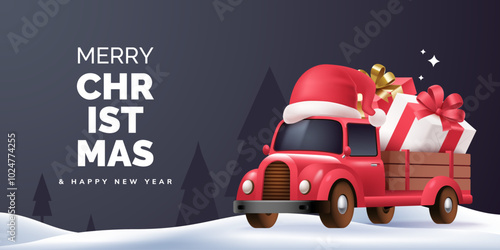 Merry Christmas and Happy New Year greeting illustration in 3d style. Vintage Christmas red truck carrying gifts. Holiday gift delivery. Ideal for web banner, poster, card.