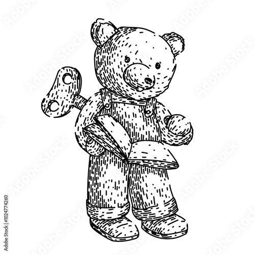 collectible wind up toy hand drawn. mechanical clockwork, retro classic, antique novelty collectible wind up toy vector sketch. isolated black illustration