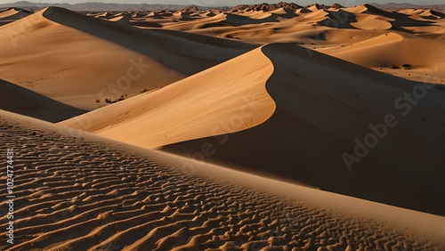 Golden Sunset over Desert Sand Dunes with Soft Shadows – Serene Landscape photo