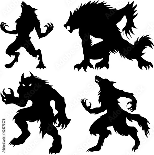 The image features four striking silhouettes of werewolf-like creatures. Each figure exhibits distinct poses, showcasing muscular forms and fierce postures, embodying traits of strength and ferocity.