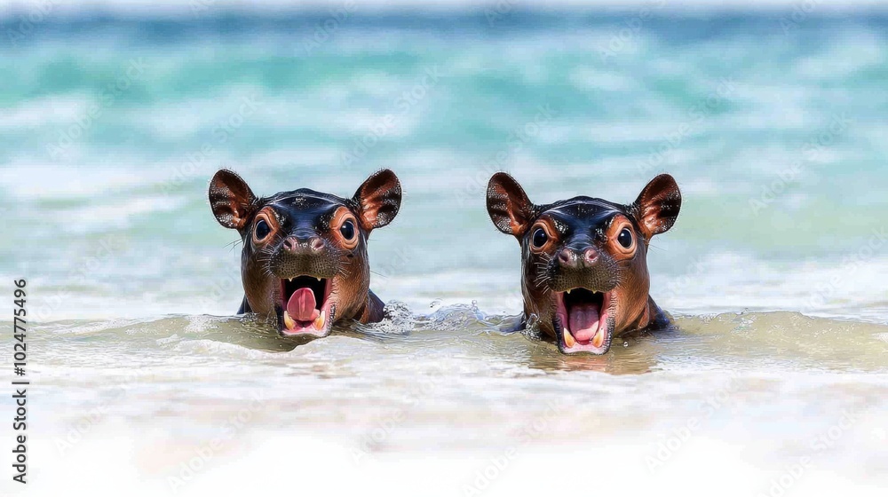 Fototapeta premium Playful Hippos Splashing in Tropical Water